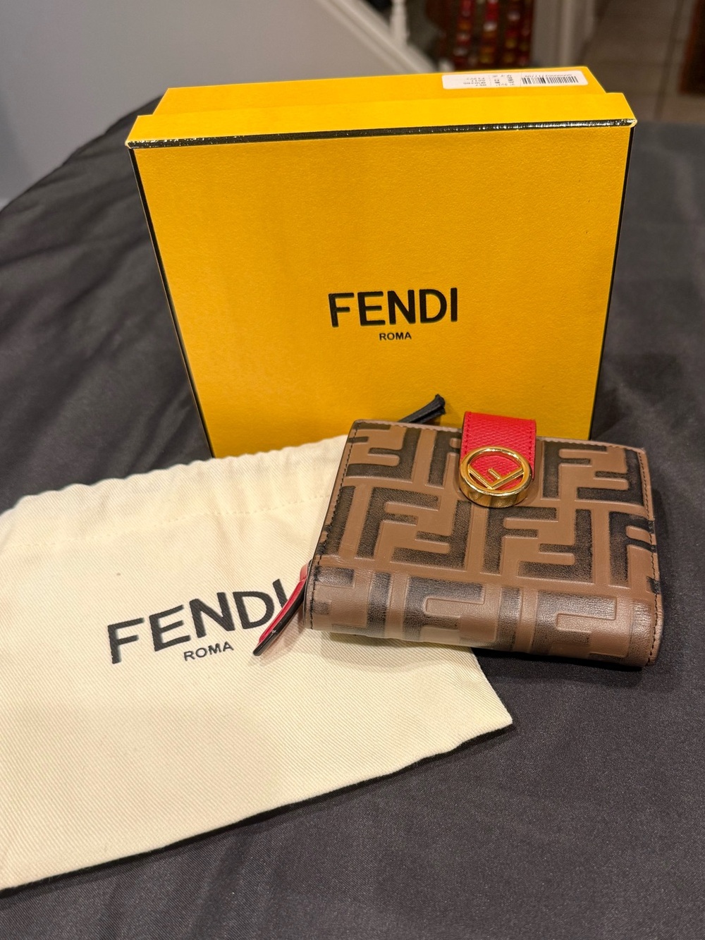 Fendi FF 1974 Small Bifold Wallet 8M0386 Red Interior Gold Hardware EUCw/ Box